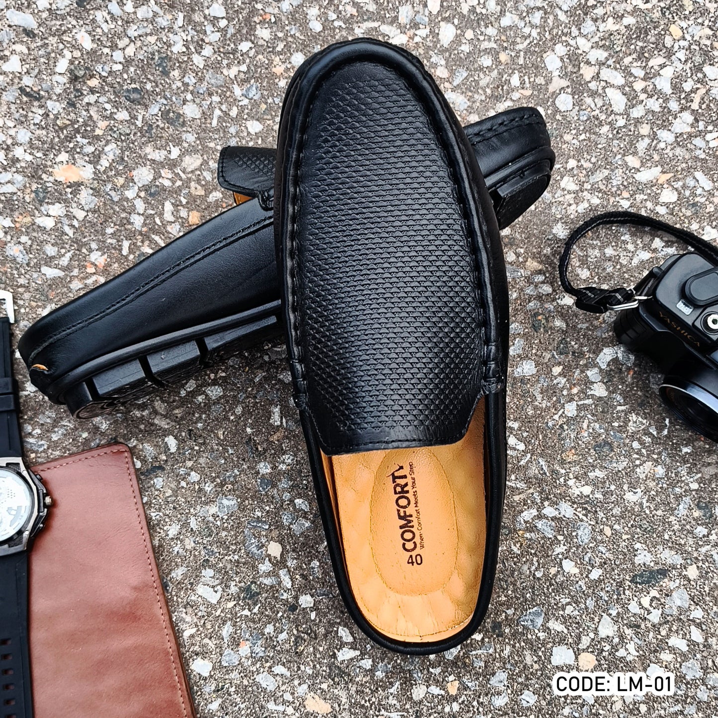 Premium Genuine Leather Diamond Dice Half Shoe for men - Black - LM-01